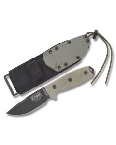 ESEE Knives ESEE-3P Tan Micarta Handle with Black Coated 1095 Carbon Steel 3.88” Clip Point Plain Edge Blade and Glass Breaker Pommel with  OD Green MOLLE Back Molded Sheath Model ESEE-3MIL-P-CP