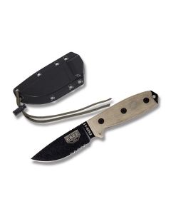 ESEE Knives ESEE-3S Tan Micarta Handle with Black Coated 1095 Carbon Steel 3.88” Drop Point Partly Serrated Edge Blade and Glass Breaker Pommel with  Black MOLLE Back Molded Sheath Model ESEE-3MIL-S-B