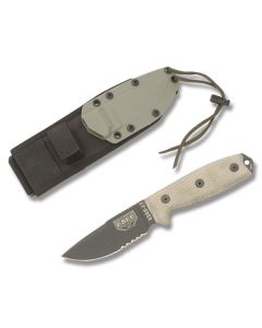 ESEE Knives ESEE-3S Tan Micarta Handle with Black Coated 1095 Carbon Steel 3.88” Clip Point Partly Serrated Edge Blade and Glass Breaker Pommel with  OD Green MOLLE Back Molded Sheath Model ESEE-3MIL-S-CP