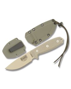 ESEE Knives ESEE-3 Tan Micarta Handle with Tan Coated 1095 Carbon Steel 3.88” Drop Point Plain Edge Blade and OD Green Molded Sheath Model ESEE-3P-DT