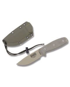 ESEE Knives ESEE-3P OD Green Micarta Handle with Tan Coated 1095 Carbon Steel 3.88” Drop Point Plain Edge Blade and Modified Pommel with OD Green MOLLE Back Molded Sheath Model ESEE-3PM-DT