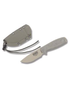 ESEE Knives ESEE-3S OD Green Micarta Handle with Tan Coated 1095 Carbon Steel 3.88” Drop Point Partly Serrated Edge Blade and Modified Pommel with OD Green MOLLE Back Molded Sheath Model ESEE-3SM-DT