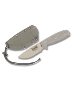 ESEE Knives ESEE-3S OD Green Micarta Handle with Tan Coated 1095 Carbon Steel 3.88” Drop Point Partly Serrated Edge Blade and Modified Pommel with OD Green MOLLE Back Molded Sheath Model ESEE-3SM-MB-DT