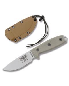 ESEE Knives ESEE-3  Tan Micarta Handle with Un-coated 1095 Carbon Steel 3.50" Drop Point Plain Blade and Desert Tan Molded Plastic Sheath with MOLLE Attachment Model ESEE-3U-MB