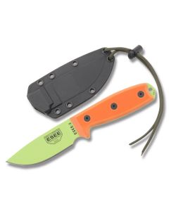 ESEE Knives ESEE-3P Orange G-10 Handle with Venom Green Coated 1095 Carbon Steel 3.88” Drop Point Plain Edge Blade and Black Molded Sheath Model ESEE-3PM-VG