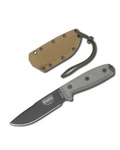 ESEE Knives ESEE-4P-PC with Gray Linen Micarta Handles and Black Coated 1095 Carbon Steel 4.50" Clip Point Plain Edge Blade and Coyote Tan Molded Plastic Sheath Model ESEE-4P-CP