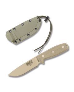 ESEE Knives ESEE-4 Tan Micarta Handle with Desert Tan Coated 1095 Carbon Steel 4.50" Drop Point Plain Edge Blade and OD Green Molded Sheath Model ESEE-4P-DT