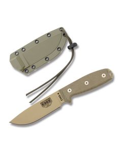ESEE Knives ESEE-4 Tan Micarta Handle with Desert Tan Coated 1095 Carbon Steel 4.50" Drop Point Plain Edge Blade and OD Green MOLLE Back Molded Sheath Model ESEE-4P-MB-DT