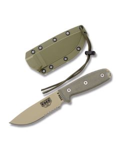 ESEE Knives ESEE-4 Tan Micarta Handle with Desert Tan Coated 1095 Carbon Steel 4.50" Drop Point Partly Serrated Edge Blade and OD Green MOLLE Back Molded Sheath Model ESEE-4S-MB-DT