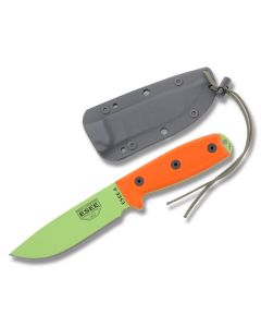 ESEE Knives ESEE-4P Orange G-10 Handle with Venom Green Coated 1095 Carbon Steel 4.50" Drop Point Plain Edge Blade and Brown MOLLE Back Molded Sheath Model ESEE-4P-VG