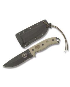 ESEE Knives ESEE-5 Tan Micarta Handle with Black Coated 1095 Carbon Steel 5.25" Drop Point Partly Serrated Edge Blade and Black Kydex Sheath Model ESEE-5S