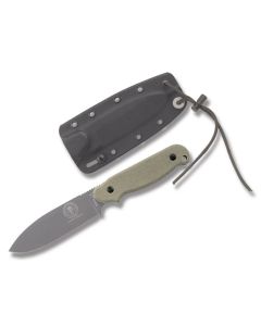 ESEE Knives Laser Strike with Tan Canvas Micarta Handles and Gunsmoke Epoxy Powder Coated 1095 Carbon Steel 4-1/2" Drop Point Plain Blade with Black  Kydex Sheath Model LS-PT-G