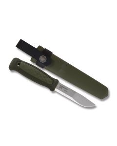 MORAKNIV Kansbol Multi-Mount Fixed Blade with OD Green Rubber Handle and Satin Coated Stainless Steel 4.375" Clip Point Plain Edge Blade with Multi-Mount Sheath Model M12645