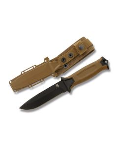 Gerber StrongArm Fixed Blade with Coyote Brown Rubber Over-molded Glass Filled Nylon Handles and Black Coated 420 HC Stainless Steel 5" Drop Point Plain Edge Blade Model 30-001058