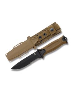 Gerber StrongArm Fixed Blade with Coyote Brown Rubber Overmolded Glass Filled Nylon Handles and Black Coated 420 HC Stainless Steel 5" Drop Point Partly Serrated Edge Blade Model 30-001059