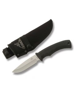 Gerber Gator Fixed Drop Point Hunter with Black Santoprene Rubber Handle and High Carbon Stainless Steel 4" Drop Point Plain Edge Blade and Nylon Belt Sheath Model 06904