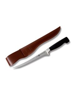 JA Henckels Four Star Fillet Knife with Black Polymer Handle and Satin Coated Friodur Steel 7" Fillet Blade with Black Plastic Sheath Model 31073-183