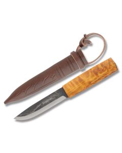 Helle Viking with Curly Birch Handles and Triple Laminated Carbon Steel 4.313" Drop Point Plain Edge Blade Model 96