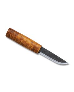 HELLE Saga Siglar Fixed Blade with Curly Birch Wood Handle and Triple Laminated Carbon Steel 3.4" Drop Point Plain Edge Blade with Brown Leather Sheath Model 102