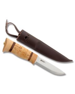 Helle Tor with Curly and Straight Grain Birch Handles and Triple Laminated Stainless Steel 4.25" Drop Point Plain Edge Blade Model 130