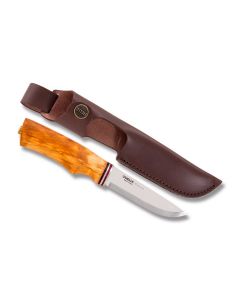 HELLE Knives Futura Fixed Blade with Curly Birch Wood Handles with Triple Laminated Stainless Steel 4.125" Drop Point Plain Edge Blade with Leather Sheath Model 155