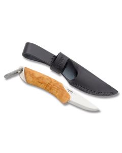 Helle Fire Hunting Knife with Curly Birch Handles Scales and Triple Laminated Stainless Steel 2.875" Drop Point Plain Edge Blade Model 190