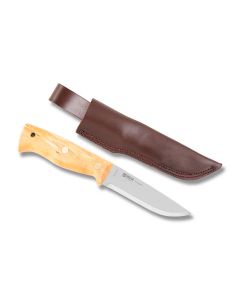 HELLE Knives Temagami Fixed Blade with Curly Birch Handle and Triple Laminated Stainless Steel 4.375" Drop Point Plain Edge Blade with Leather Sheath Model 300