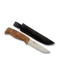 Helle Gaupe with Curly Birch Handles and Triple Laminated Stainless Steel 4.25" Dtrop Point Plain Blade Model 310