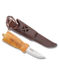 Helle Nying with Curly Birch Handles and Triple Laminated Stainless Steel 2.625" Drop Point Plain Edge Blade Model 55