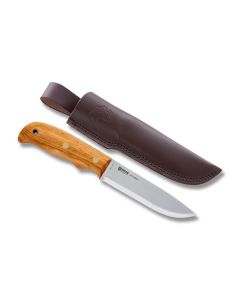 HELLE Knives Didi Galgalu Fixed Blade with African Kiaat and Vulcanfibre Handle with Sandvik 12C27 Stainless Steel 5" Drop Point Plain Edge Blade and Leather Sheath Model 610
