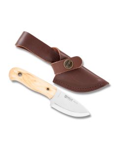 HELLE Knives Mandra with Curly Birch Handle and Triple Laminated Stainless Steel 2.75" Drop Point Plain Edge Blade with Brown Leather Sheath Model 620