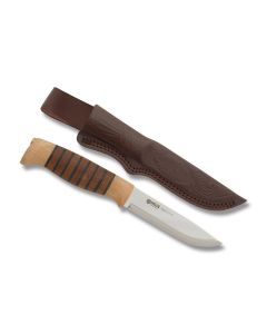 Helle Sigmund with Stacked Beech and Darkened Oak Wood Handles and Triple Laminated Stainless Steel 4.313" Drop Point Plain Edge Blade Model 77