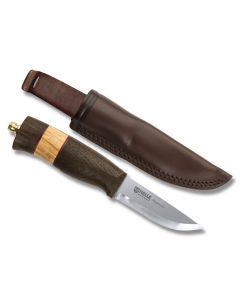 Helle Algonquin with Curly Birch and Darkened Oak Handle and Triple Laminated Stainless Steel 2.875" Drop Point Plain Edge Blade Model 78