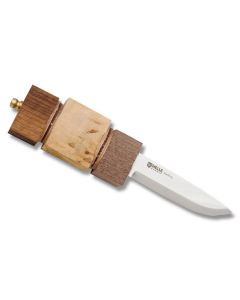 Helle Harding with Unfinished Curly Birch Wood Stacked Leather and Walnut Handle with Triple Laminated Stainless Steel 3.875" Drop Point Plain Edge Blade Model 801