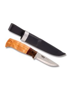 HELLE Knives Harmoni Fixed Blade with Curly Birch and Walnut Handle with Triple Laminated Stainless Steel 3.50" Drop Point Plain Edge Blade with Leather Sheath Model 