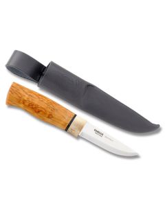 Helle Symfoni with Curly Birch Wood Leather and Stag Horn Handles and Triple Laminated Stainless Steel 3.375" Drop Point Plain Edge Blade Model 88