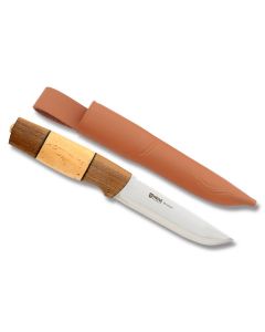 Helle BraKar with Walnut and Curly Birch Handle and Triple Laminated Stainless Steel 5.125" Drop Point Plain Edge Blade Model 90