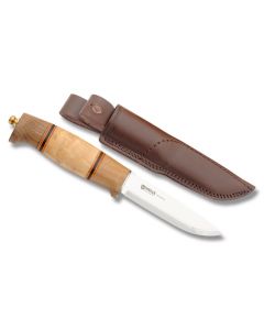 Helle Harding with Curly Birch Wood Stacked Leather and Walnut Handle with Triple Laminated Stainless Steel 3.875" Drop Point Plain Edge Blade Model 99