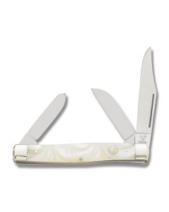 Hen and Rooster Square End Stockman 4" with White Cracked Ice Celluliod Handles and Stainless Steel Plain Edge Blades 