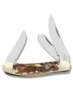 Hen and Rooster Deer Stag Sowbelly 3.75" with Stag Handles and Sloingen Stainless Steel Plain Edge Blades Model 213-DS