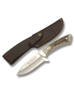 Hen and Rooster Fixed Blade Hunting Knife with Stag Handles and German Stainless Steel Wide Drop Point Plain Edge Blades Model HR-3132