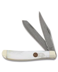 Hen and Rooster Small Trapper 3.875" with Mother of Pearl Handle and Damascus Steel Blades Model 412-MOP/DM