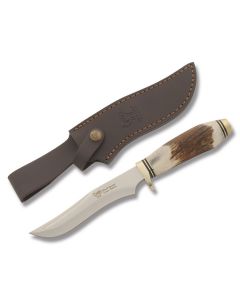 Hen and  Rooster Slim Bowie with Stag Handle and Stainless Steel 6" Clip Point Plain Edge Blade and Leather Belt Sheath Model HR-4800