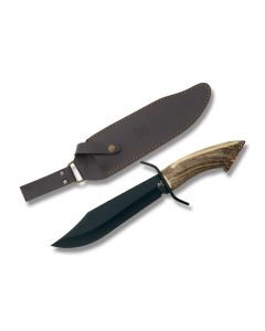 Hen & Rooster Midnight Bowie with Crown Stag Handles and Black Coated German Stainless Steel 9" Clip Point Plain Edge Blades