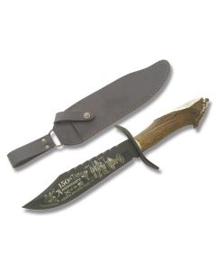 Hen and Rooster Civil War 150th Anniversary Bowie with Crown Stage Handle and Black Coated German Stainless Steel 9.25" Clip Point Plain Edge Blade and Leather Belt Sheath Model 5000B150