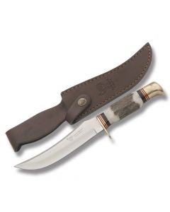 Hen and Rooster Bowie with Stag Handle and German Stainless Steel 5.75" Clip Point Plain Edge Blade and Leather Belt Sheath Model HR5012