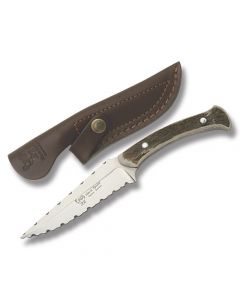 Hen and Rooster Fancy Hunter with Stag Handles and German Stainless Steel 4.50” Clip Point Serrated Edge Blades Model HR5014