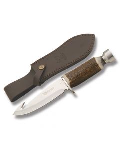 Hen and Rooster Fixed Blade Hunting Knife with Stag Handles and German Stainless Steel 5.50” Guthook Plain Edge Blades Model HR-5016