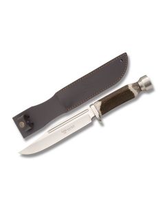 Hen and Rooster Bowie with Stag Hanlde and Stainless Steel 6.50" Clip Point  Plain Edge Blade and Leather Sheath Model HR-5017