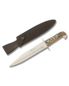 Hen and  Rooster Large Drop Point Bowie with Genuine Ram's Horn Handle and German Stainless Steel 9.375" Spear Plain Edge Blade and Leather Sheath Model HR5032RH